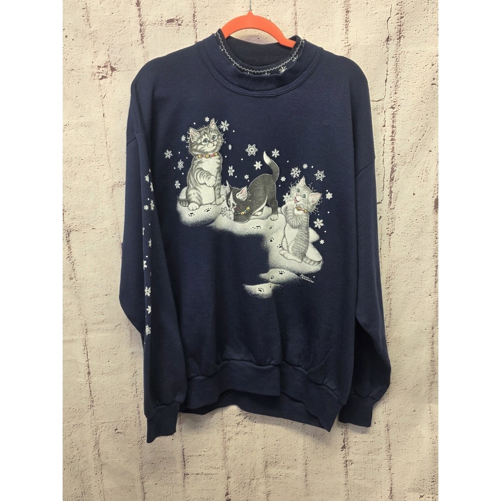 Vintage Cat Lady Sweatshirt 2XL Womens Navy Kitten Top Stitch Morning Sun Snowfl
